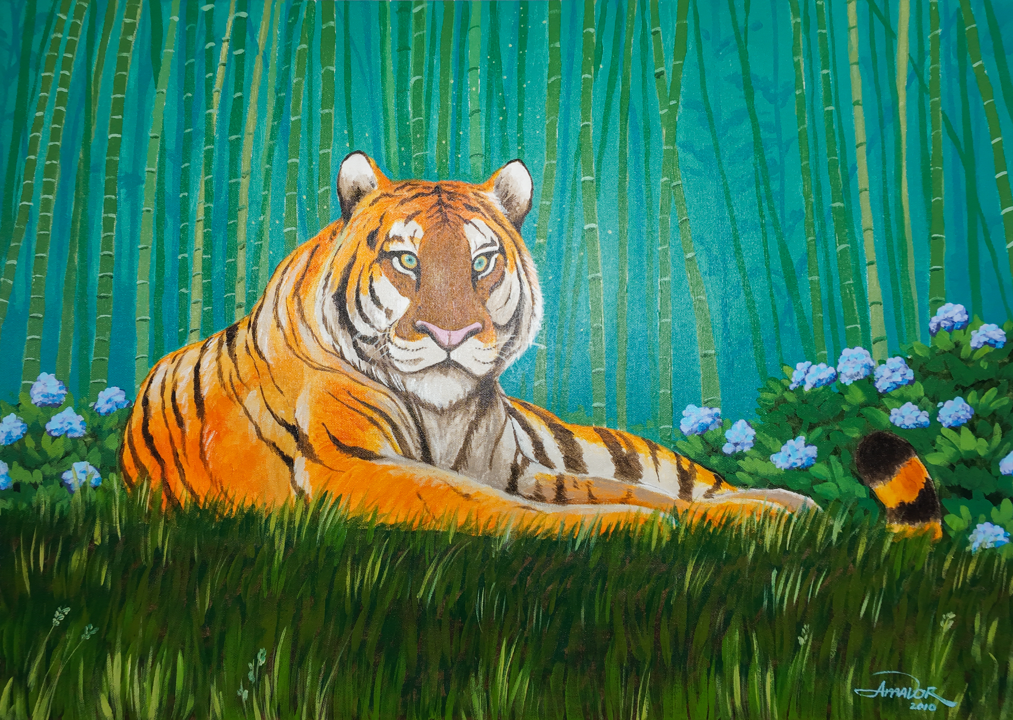 Resting tiger in bamboo forest.